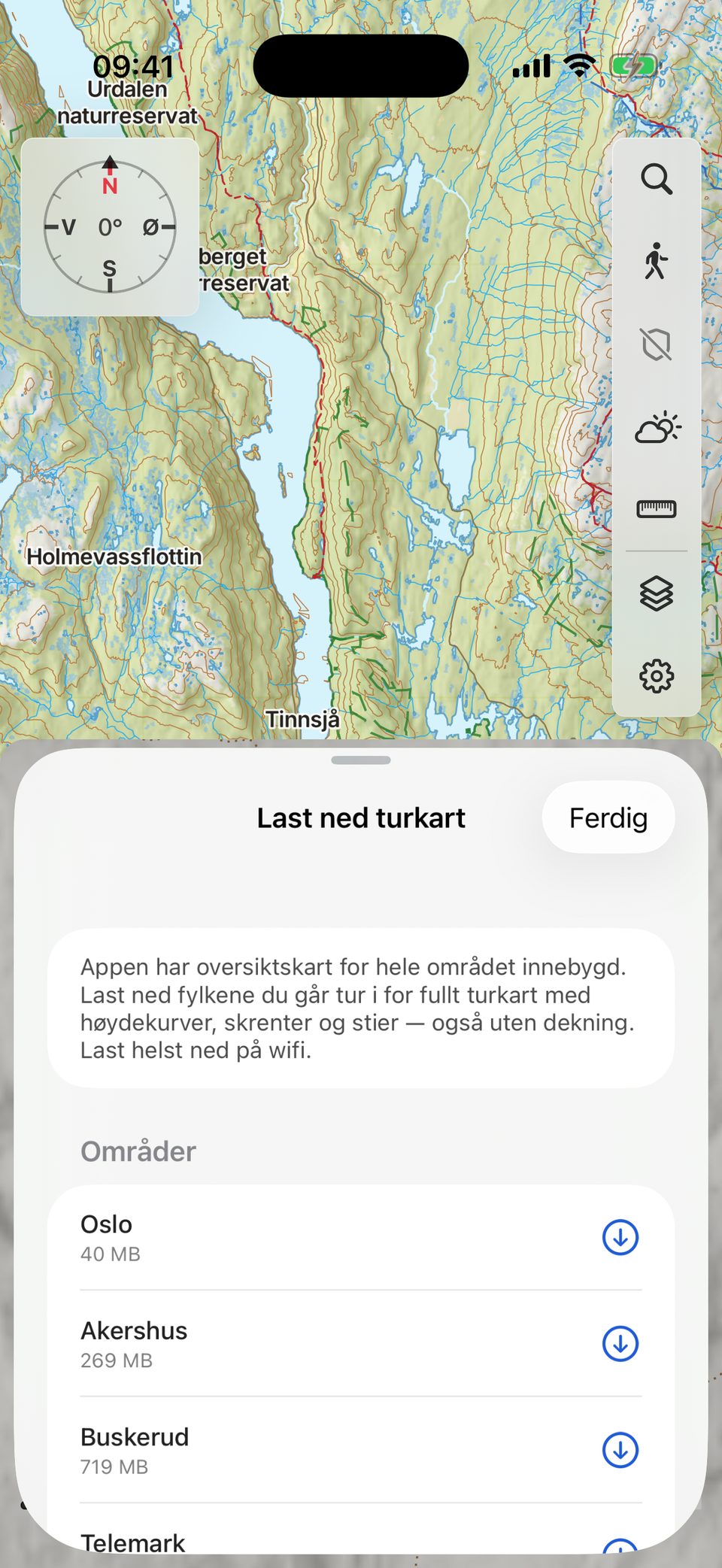 Nedlasting av kartpakker i Turlykta: Oslo 40 MB, Akershus 269 MB, Buskerud 719 MB, Telemark