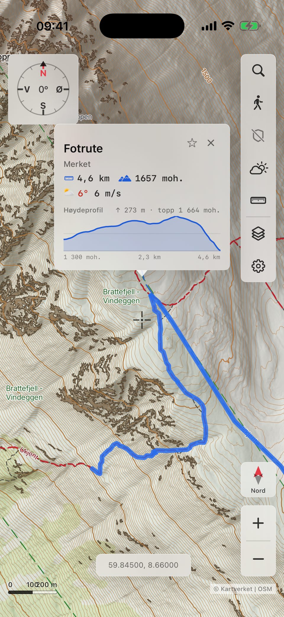 Turrute ved Brattefjell-Vindeggen med popup som viser lengde 4,6 km, høyde 1657 moh., vær og høydeprofil